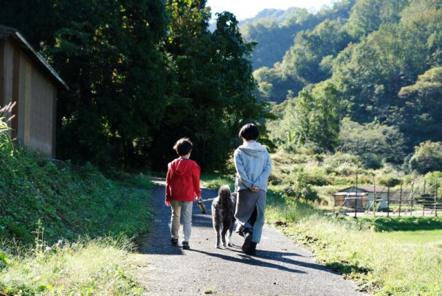 緑に囲まれた集落の道。人間のそばを愛犬・吉がゆっくり歩いてくれる。
