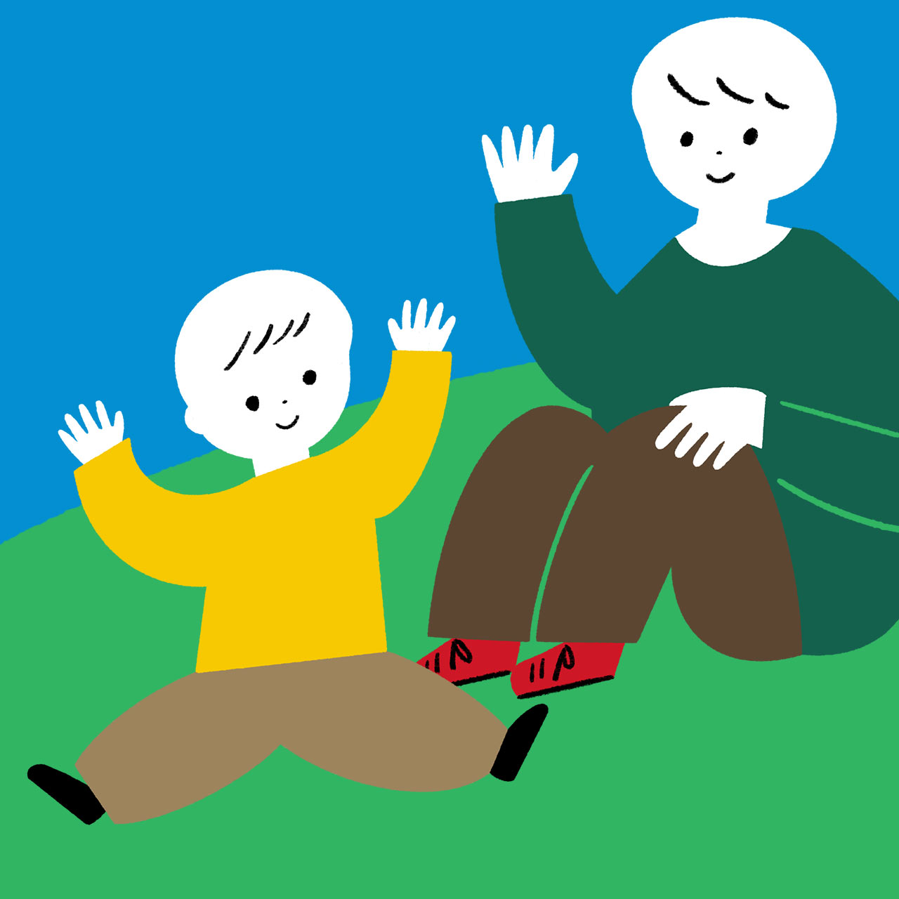芝の上で遊ぶ子どもとお母さんのイラスト