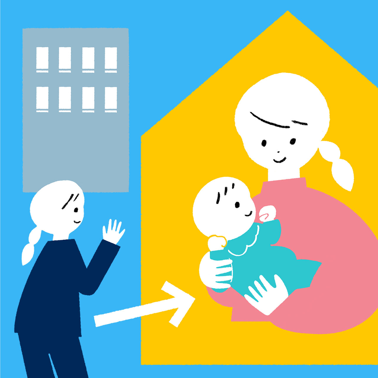 会社勤めの女性が自宅で赤ちゃんを抱っこするイラスト