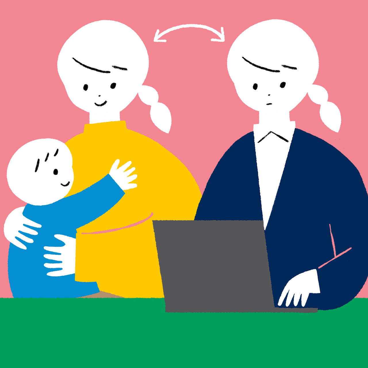 同じ女性が、赤ちゃんを抱っこする様子とパソコンで仕事をしている様子のイラスト