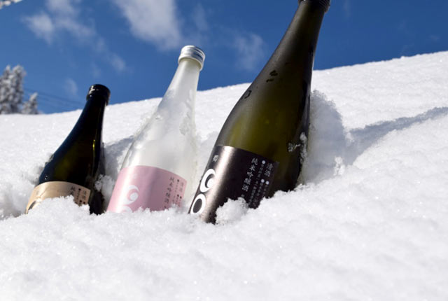 雪の上で冷やされる四合瓶の日本酒３種