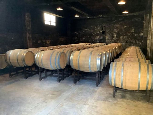 〈岩の原葡萄園〉の第一号石蔵内に置かれたたくさんのワイン樽