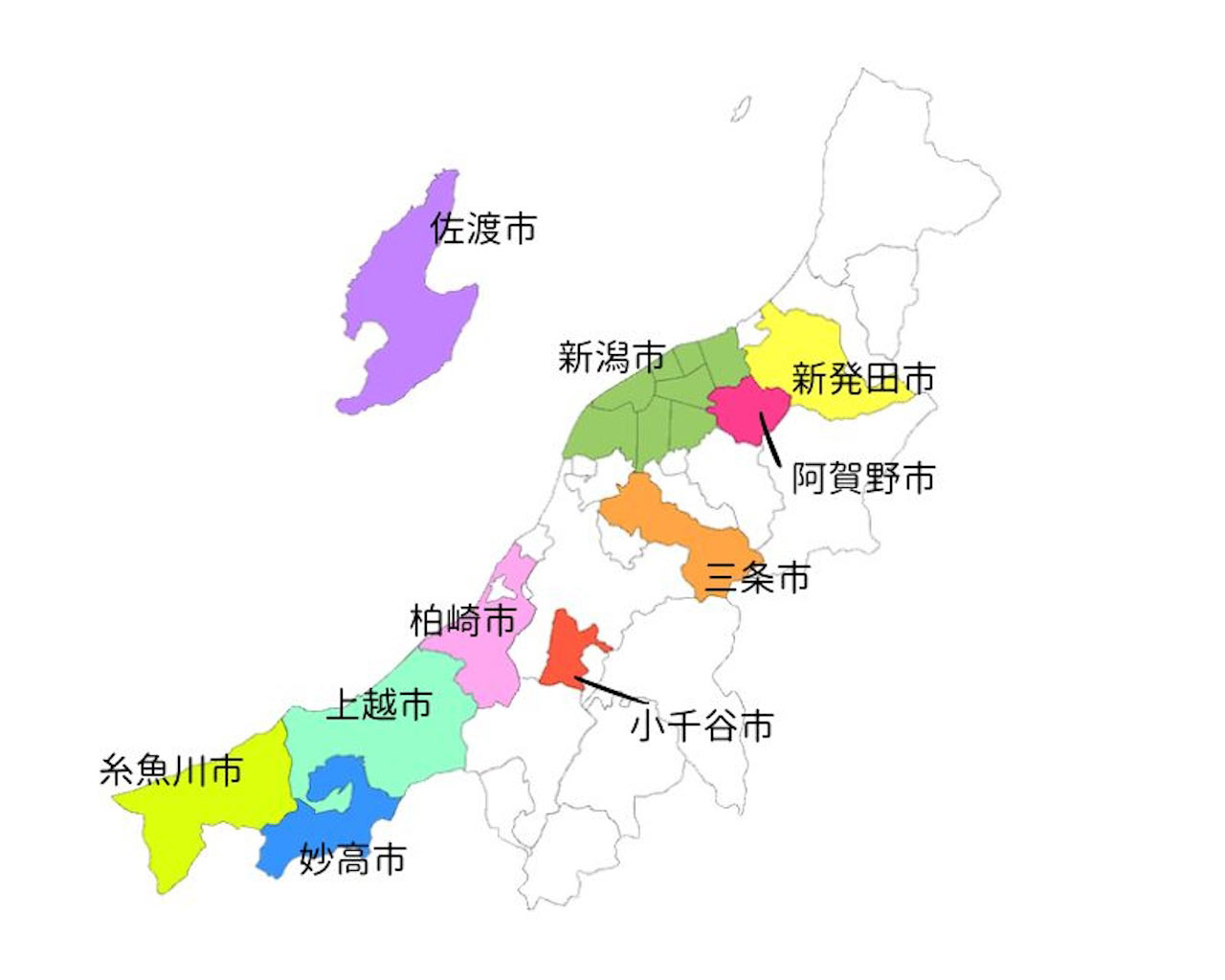 新潟県内で空き家購入やリフォーム費用への補助金を出している市町村の地図