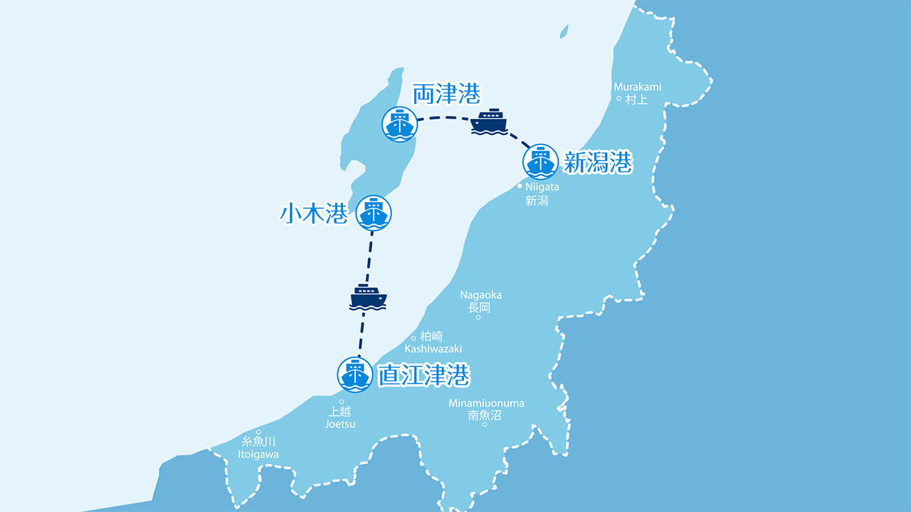 新潟航路と直江津航路、佐渡へ渡る2つの航路を解説したイラスト地図